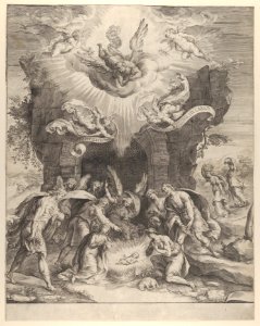 The Adoration of the Shepherds with the Christ Child at center and angels above MET DP836966