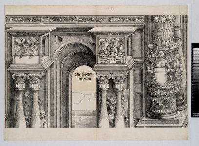 The Arch in the Entryway of the Left Portal (Die Porten des Lobs); and the Outer Left Column of the Central Portal, from The Triumphal Arch of Maximilian I, 1st edition (1517-18) MET DP-16116-029