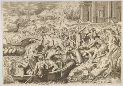The abduction of Helen; battle scene on a shore with two men pulling Helen into a boat at center and another man pulling on her drapery in the opposite direction MET DP831907