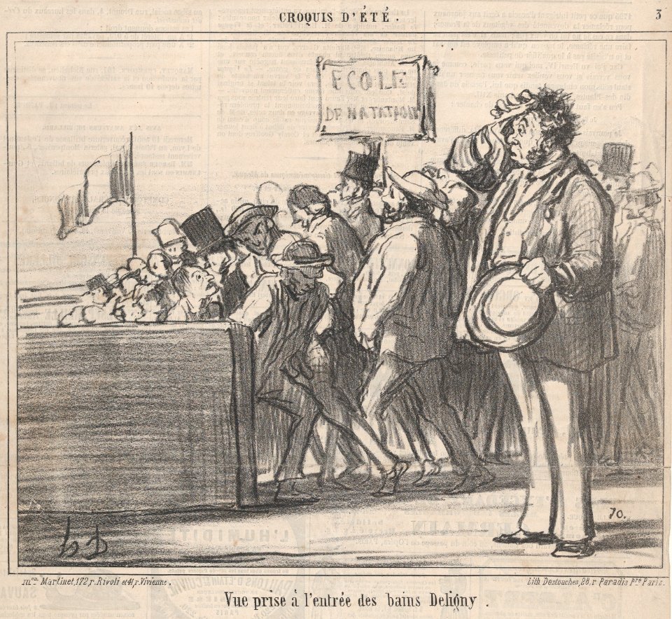 Vue prise à l'entrée des bains Deligny, from Croquis d'Été, published in Le Charivari, August 10, 1859 MET DP876771