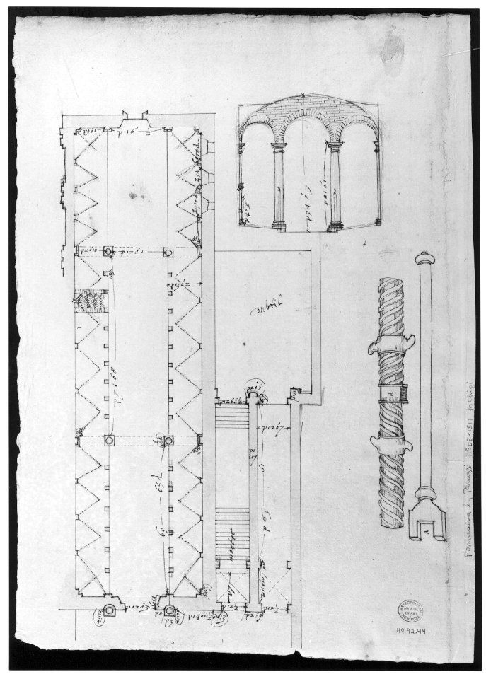 Palazzo Salviati-Adimari elevations (recto) Villa Farnesina stables, plan and section; drawing of a screw (verso) MET sf49 92 44v-MM30695
