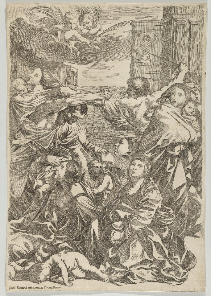 Massacre of the Innocents; group of women and children being attacked, two angels at upper left, after Reni MET DP841301
