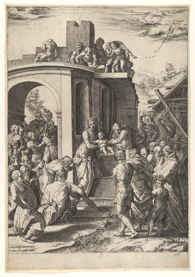 The Adoration of the Magi with the Virgin, Christ Child, and Joseph at center, set against architectural details MET DP836951