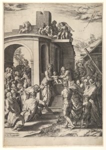The Adoration of the Magi with the Virgin, Christ Child, and Joseph at center, set against architectural details MET DP836951