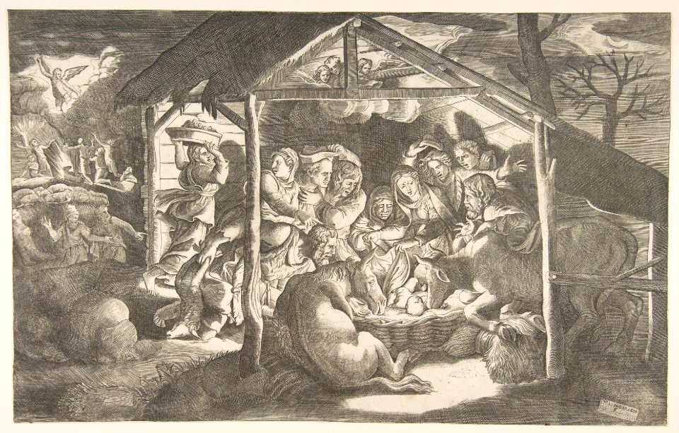 The adoration of the shepherds, various figures at night surround the Christ Child MET DP812440