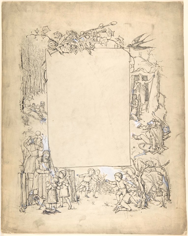 Cartouche framed with scenes of Christ leaving tomb and Easter Bunny MET DP804505