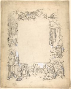 Cartouche framed with scenes of Christ leaving tomb and Easter Bunny MET DP804505