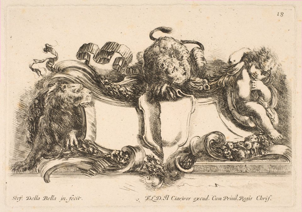 Cartouche Containing an Empty Shield Surmounted by a Lion and Framed by a Lion and a Child MET DP817958