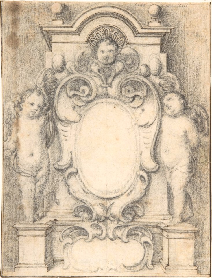 Cartouche between two cherubs on pedestals MET DP802615
