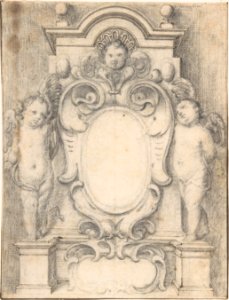 Cartouche between two cherubs on pedestals MET DP802615