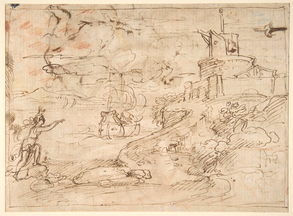 Christ and the Centurion (recto); Figure Waving to Departing Ship (verso). MET DP810990