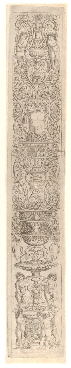 Candelabra grotesque with four children with a cat and a dog, from a series of twelve candelabra grotesques, Giovanni Antonio da Brescia, between 1490 and 1515
