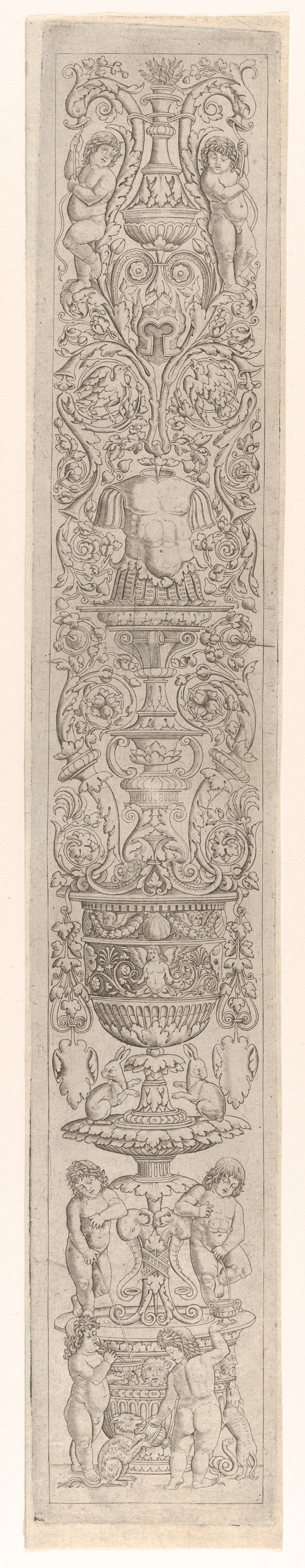Candelabra grotesque with four children with a cat and a dog, from a series of twelve candelabra grotesques, Giovanni Antonio da Brescia, between 1490 and 1515