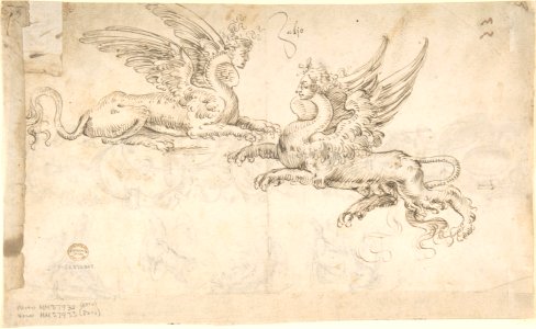 Candelabra Grotesque and Various Figure Studies (recto); Two Griffins and Female Heads (verso) MET DP800634