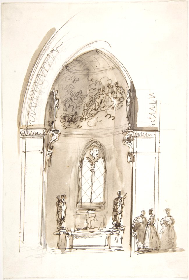 Chapel in a Gothic Church (recto); Outline sketch of an oval form (verso) MET DP807981