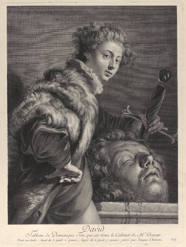 David, holding a sword and posing near the head of Goliath Met DP885767