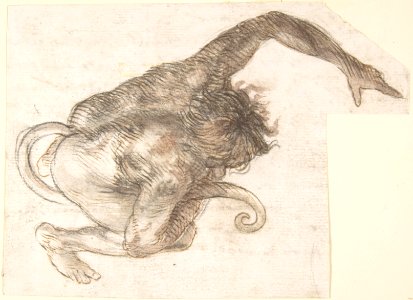Figure of Fantastic Human-like Creature with Long Tail (recto); Fragment of a Letter or Document (verso) MET DP800417