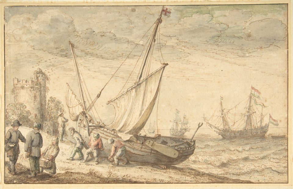 Fisherfolk Hauling their Boat onto the Shore MET DP802356
