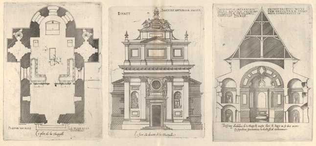 Floorplan, Facade and Cross Section of one of the Chapels at Chateau d'Anet, from "Les plus excellents bastiments de France" MET DP834472