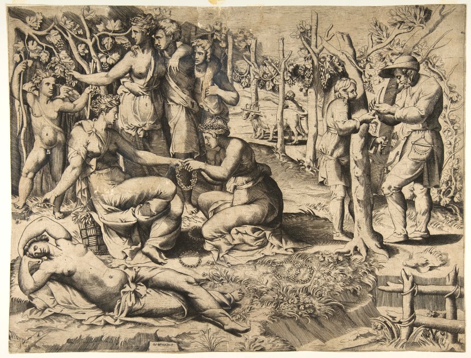 Flora in the centre passing a wreath to another woman, surrounded by other figures MET DP812771