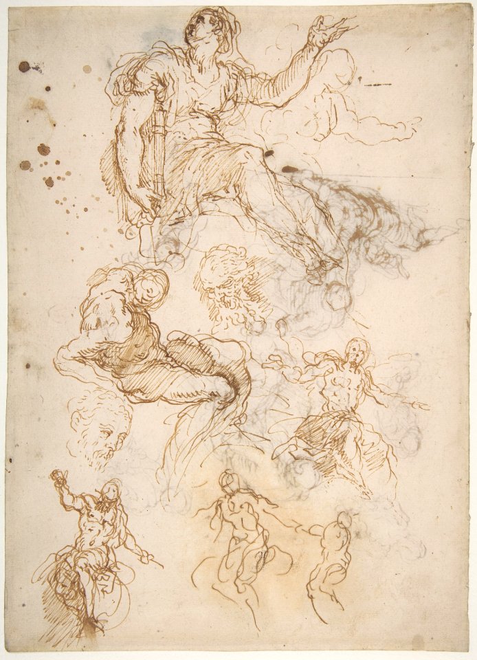 Figure Studies- Seated Female Holding a Book, Two Heads of Bearded Men, Seated Male Nude, and Four Sketches for Christ Judging (recto); Studies for Cain Slaying Abel (verso) MET DP810947