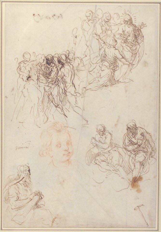 Figure Studies- The Arrest of Christ?, Christ and the Canaanite Woman, Seated Male Figures, and Head of a Child (recto); Studies of an Arm, and of the Heads of an Old Man and Young Woman (verso) MET 65.138 RECTO