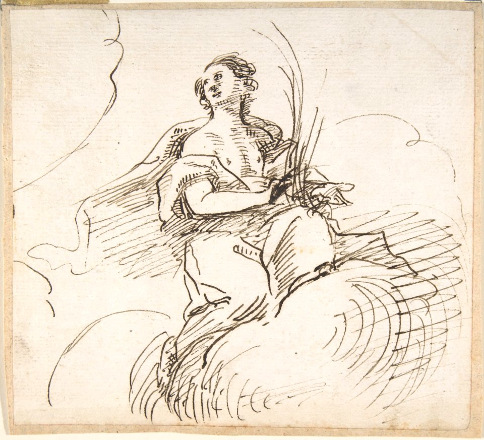 Female Figure with Palm (?) Seated on Clouds MET DP800570