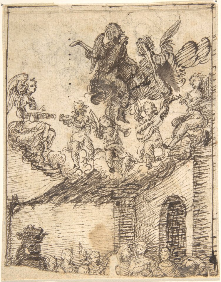 Fragment of Nativity Scene with Music-Making Angels on Clouds Above MET DP800404