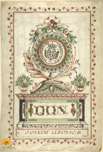 Frontispiece with Vegetal Medallion and Latin Dedication surrounding a Coat of Arms (Recto); Page of Spanish Writing within Border (Verso) MET DP800652