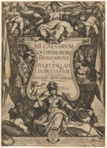Frontispiece with a trumpeter sounding trumpets seated on top of a cartouche flanked by trophies, from 'The Twelve Caesars' MET DP869146