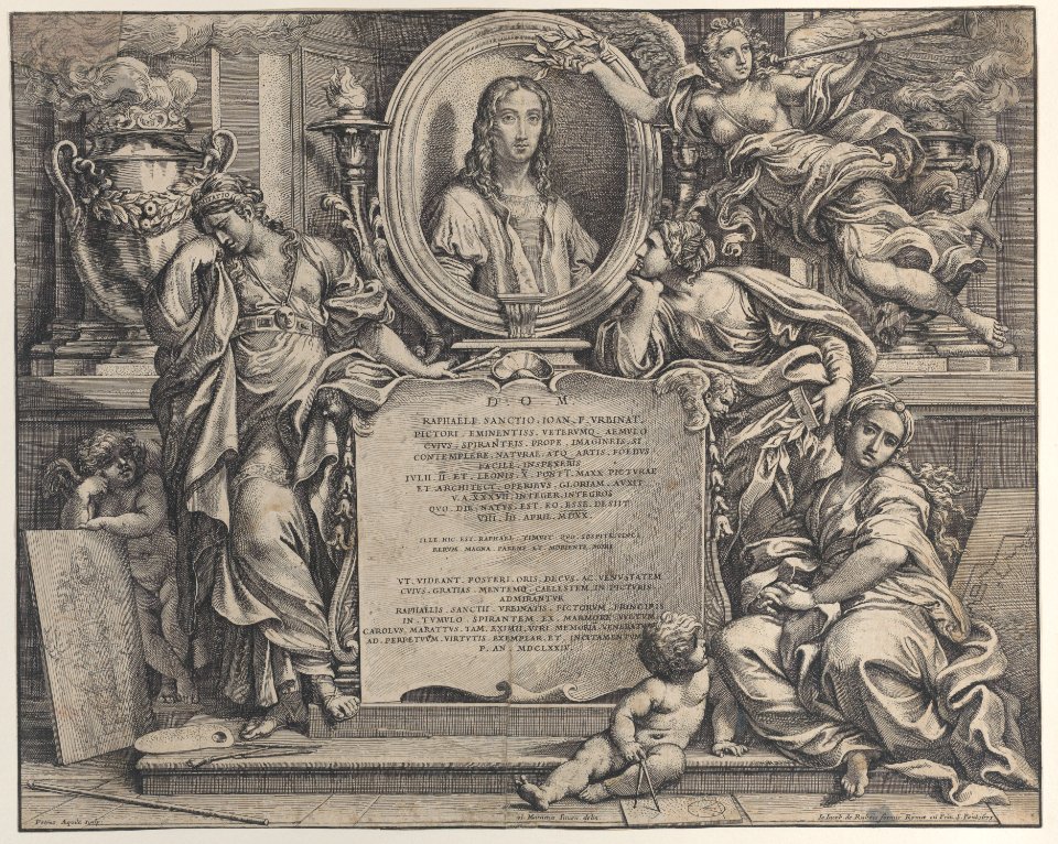 Frontispiece with oval portrait of Raphael, with three allegorical figures of the Arts supporting the tablet at center, Pietro Aquila, 1675