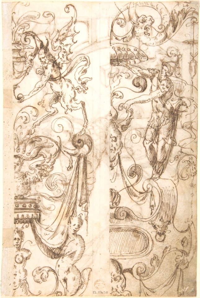 Frieze Design with Strapwork and a Satyr holding a Fantastical Creature (recto); Two Candelabra Grotesques (verso) MET DP800585
