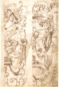 Frieze Design with Strapwork and a Satyr holding a Fantastical Creature (recto); Two Candelabra Grotesques (verso) MET DP800585