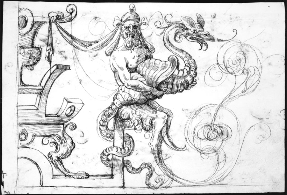 Frieze Design with Strapwork and a Satyr holding a Fantastical Creature (recto); Two Candelabra Grotesques (verso) MET MM37916