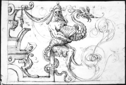 Frieze Design with Strapwork and a Satyr holding a Fantastical Creature (recto); Two Candelabra Grotesques (verso) MET MM37916