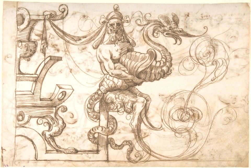 Frieze Design with Strapwork and a Satyr holding a Fantastical Creature (recto); Two Candelabra Grotesques (verso) MET DP800323