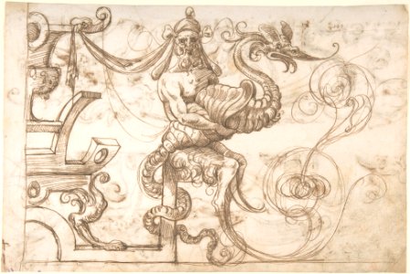 Frieze Design with Strapwork and a Satyr holding a Fantastical Creature (recto); Two Candelabra Grotesques (verso) MET DP800323