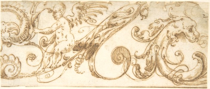 Frieze Design with Acanthus Scrolls, Hybrid Creatures and a Winged Putto MET DP800650