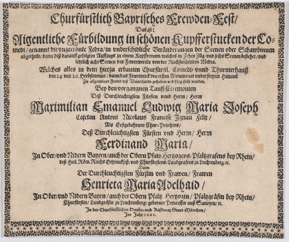 Text to accompany plate illustrating the fireworks display celebrating the birth of Prince Max Emmanuel of Bavaria, Munich, 1662 MET DP874737