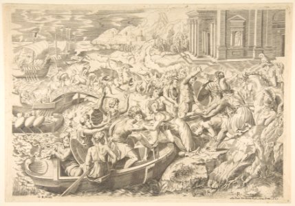 The abduction of Helen; battle scene on a shore with two men pulling Helen into a boat at center and another man pulling on her drapery in the opposite direction MET DP818640