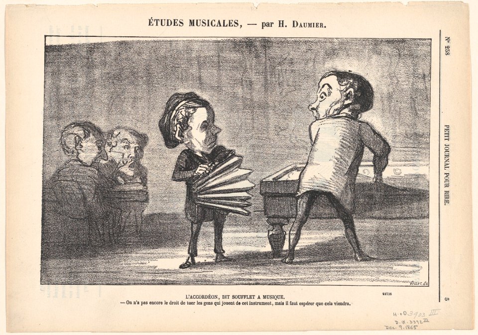 The accordion- "A Blow to Music," from 'Musical studies,' published in Le Petit Journal pour Rire, December 9, 1865 MET DP877451