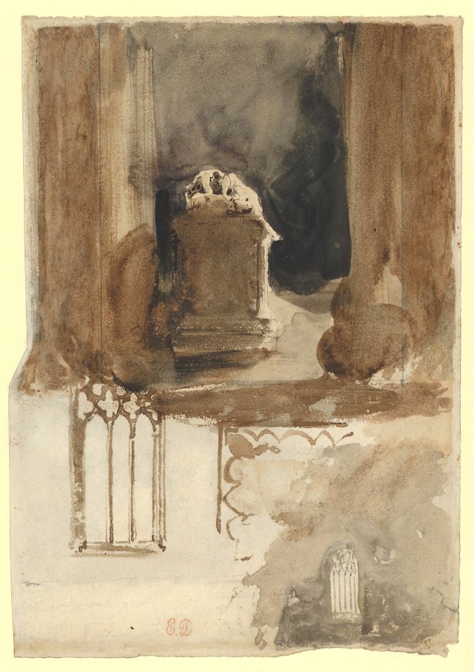 The Abbey at Valmont- A Tomb and Studies of Windows (recto); Four Studies of Horses (verso) MET DP836033