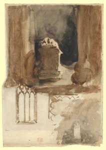 The Abbey at Valmont- A Tomb and Studies of Windows (recto); Four Studies of Horses (verso) MET DP836033