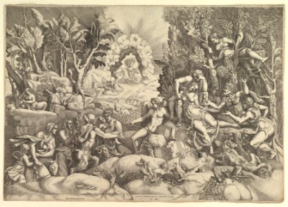 The Death of Procris; Cephalus mournig the death of Procris on the right surrounded by Cupid and mourning satyrs and nymphs, the goddess of dawn in her chariot in the background MET DP821549