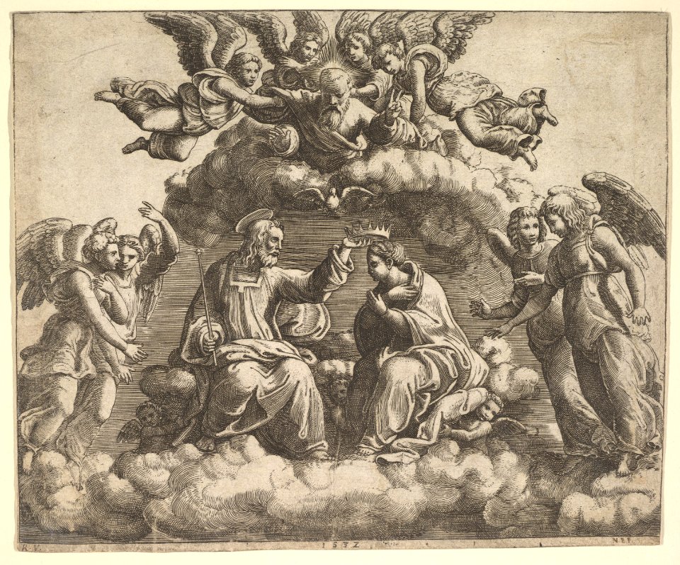 The coronation of the Virgin, Christ holding the crown over her head, God the Father blessing above MET DP824465