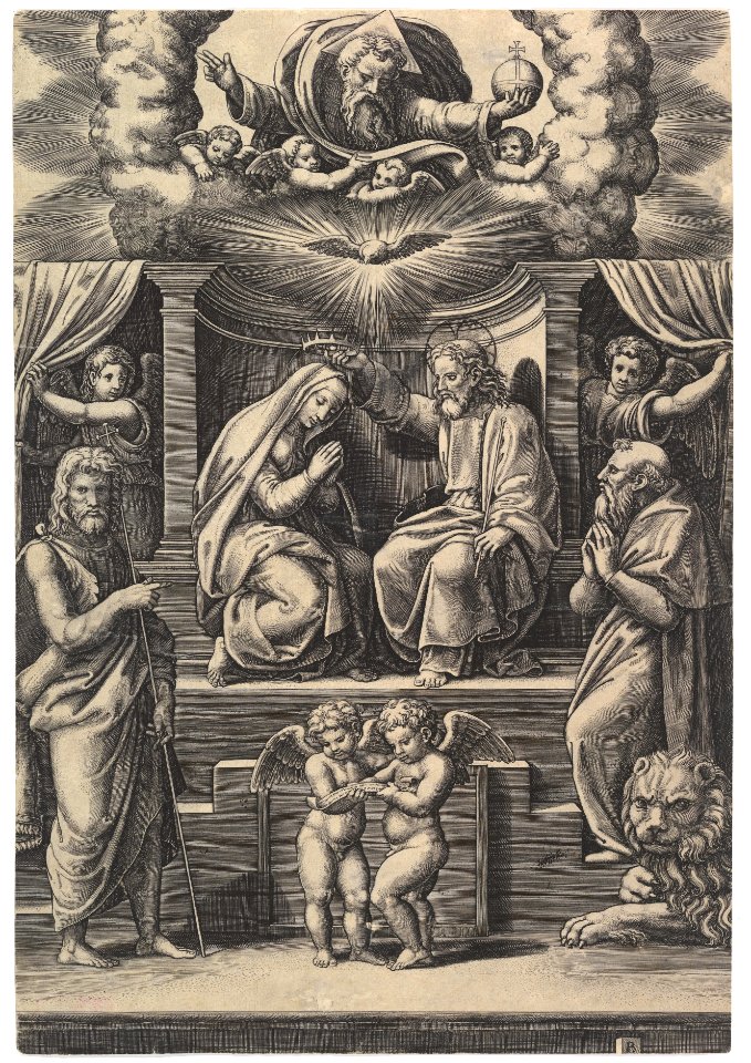 The Coronation of the Virgin, at lower left stands St John the Baptist, at lower right St Jerome, God the father above MET DP824564