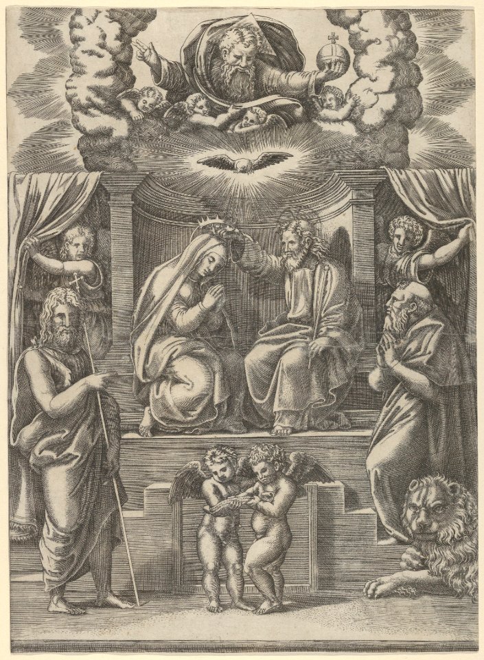 The coronation of the Virgin, God the Father above, St Jerome lower right and St John the Baptist lower left MET DP837616