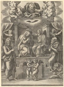 The coronation of the Virgin, God the Father above, St Jerome lower right and St John the Baptist lower left MET DP837616