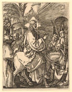 The Entry into Jerusalem; Christ riding on a donkey towards an arched city gate; an elderly man spreads out his cloak on the road, after Dürer MET DP820311