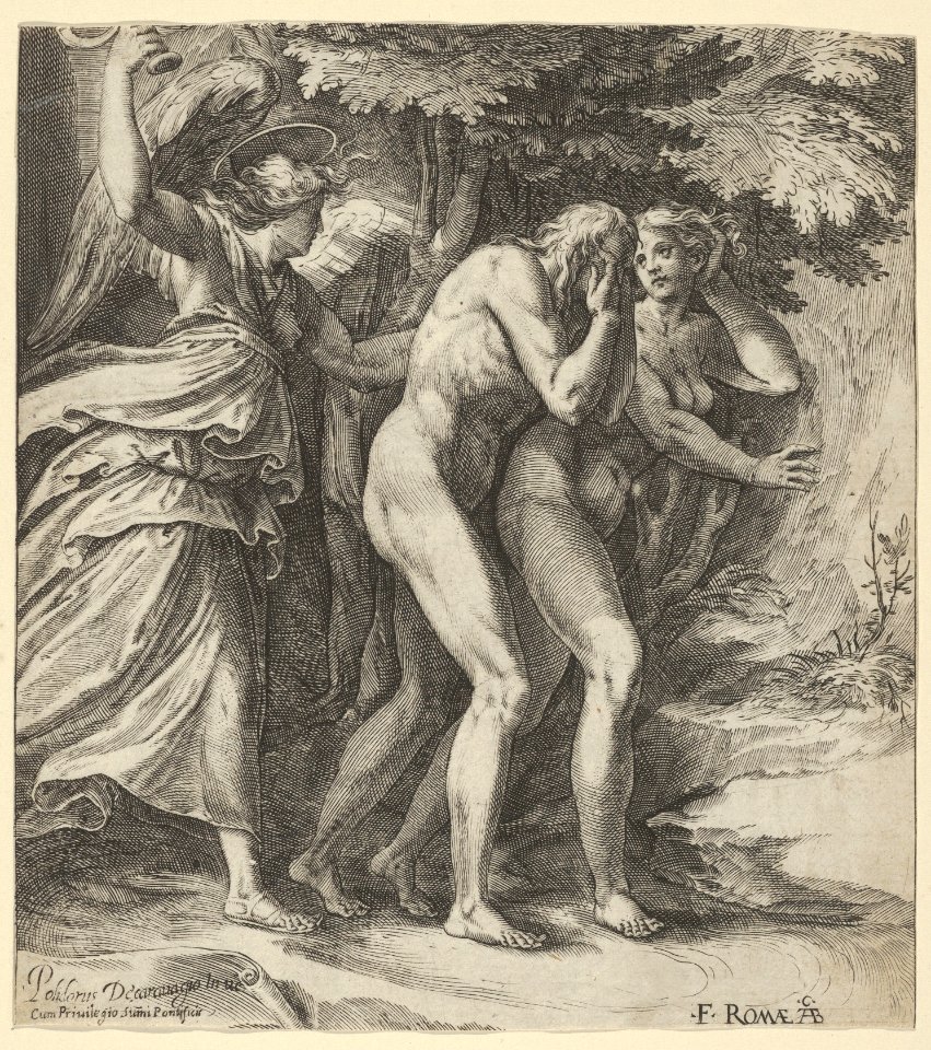 The Expulsion from Paradise with an Angel wielding a sword behind Adam and Eve MET DP836968